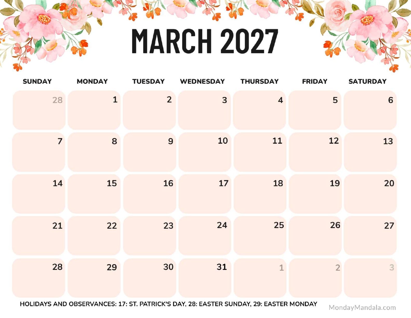 March 2027 Calendar Printable Flowers Landscape