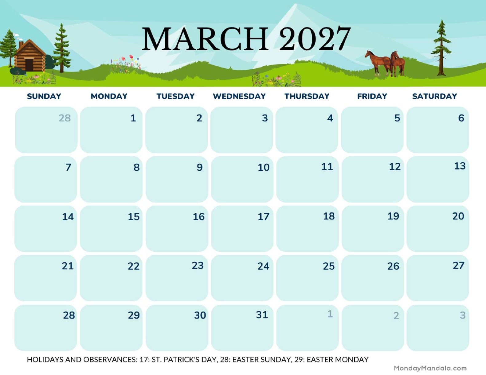 March 2027 Calendar Printable Grassland Landscape