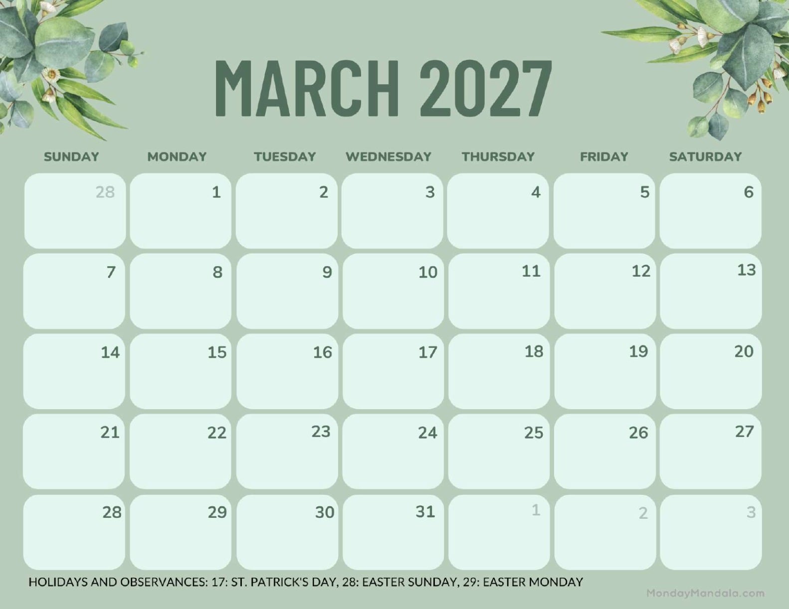 March 2027 Calendar Printable Green Landscape