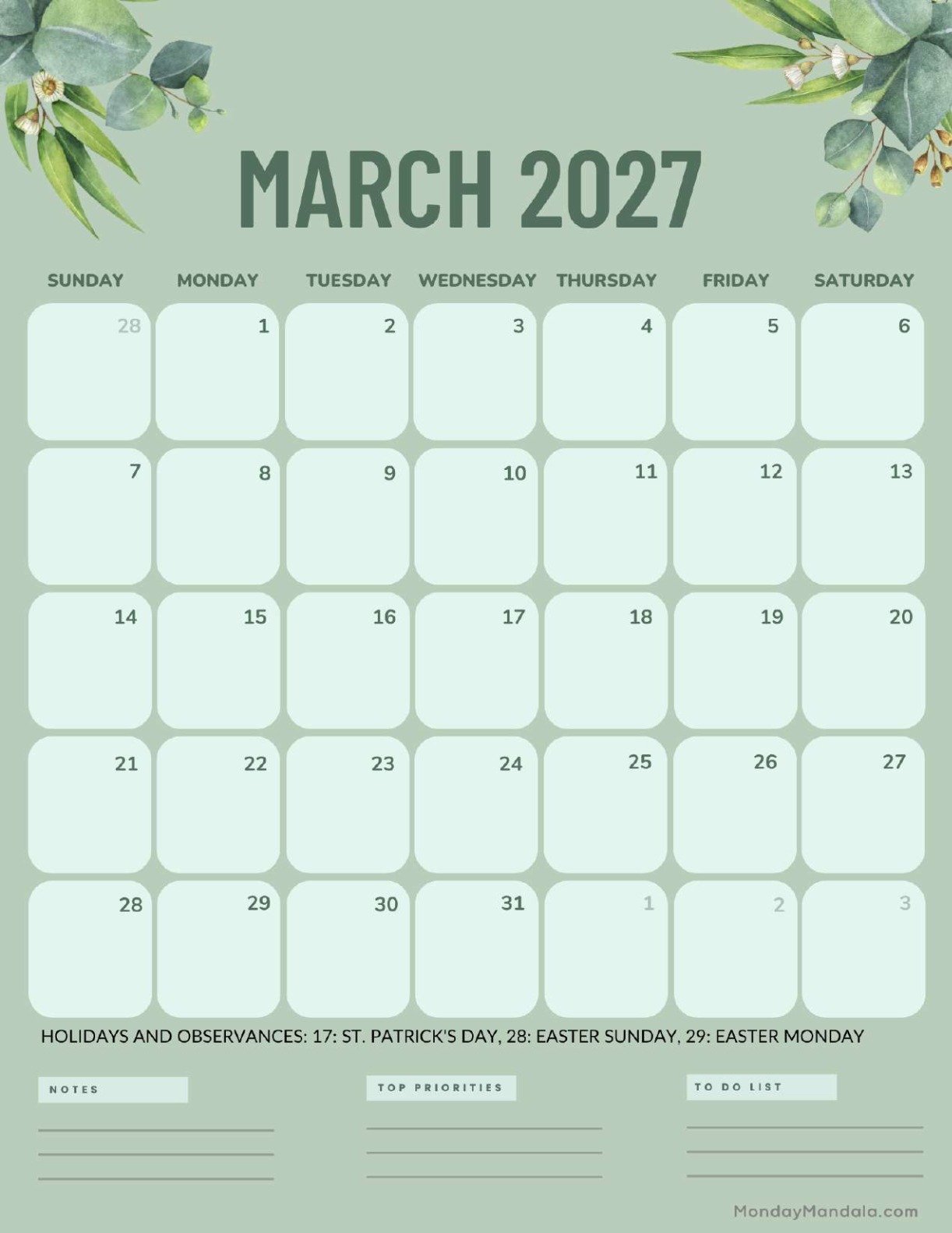 March 2027 Calendar Printable Green Portrait