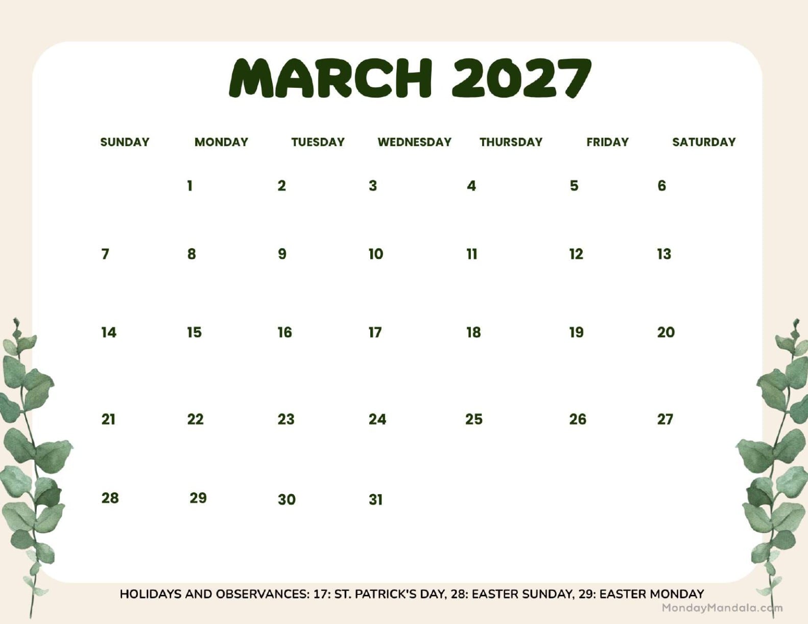 March 2027 Calendar Printable Leaves Landscape