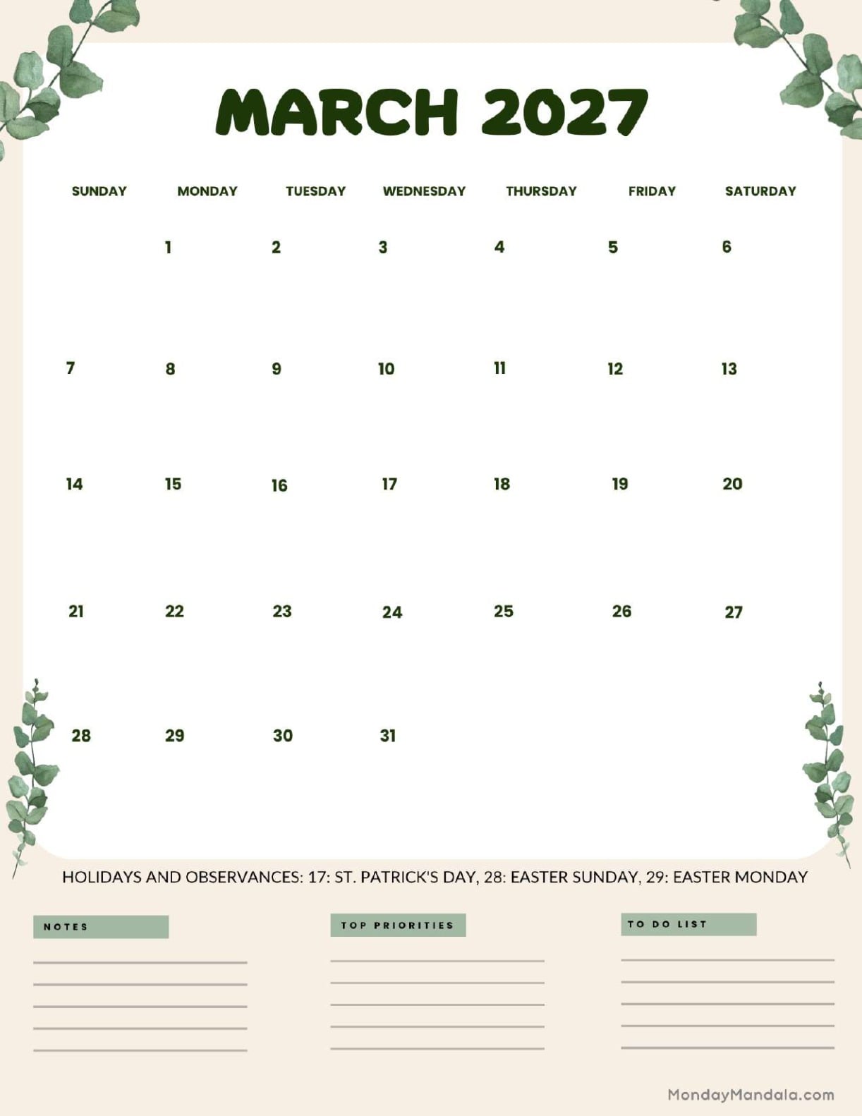 March 2027 Calendar Printable Leaves Portrait