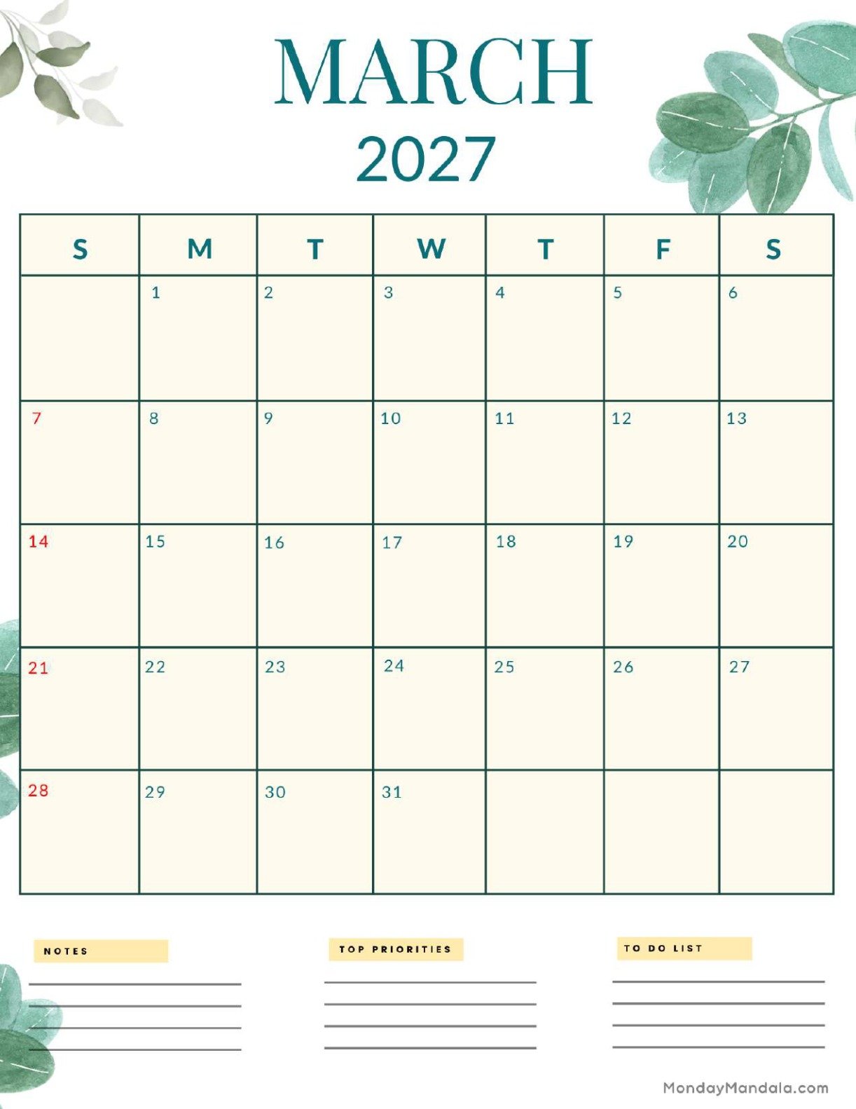 March 2027 Calendar Printable Nature Portrait