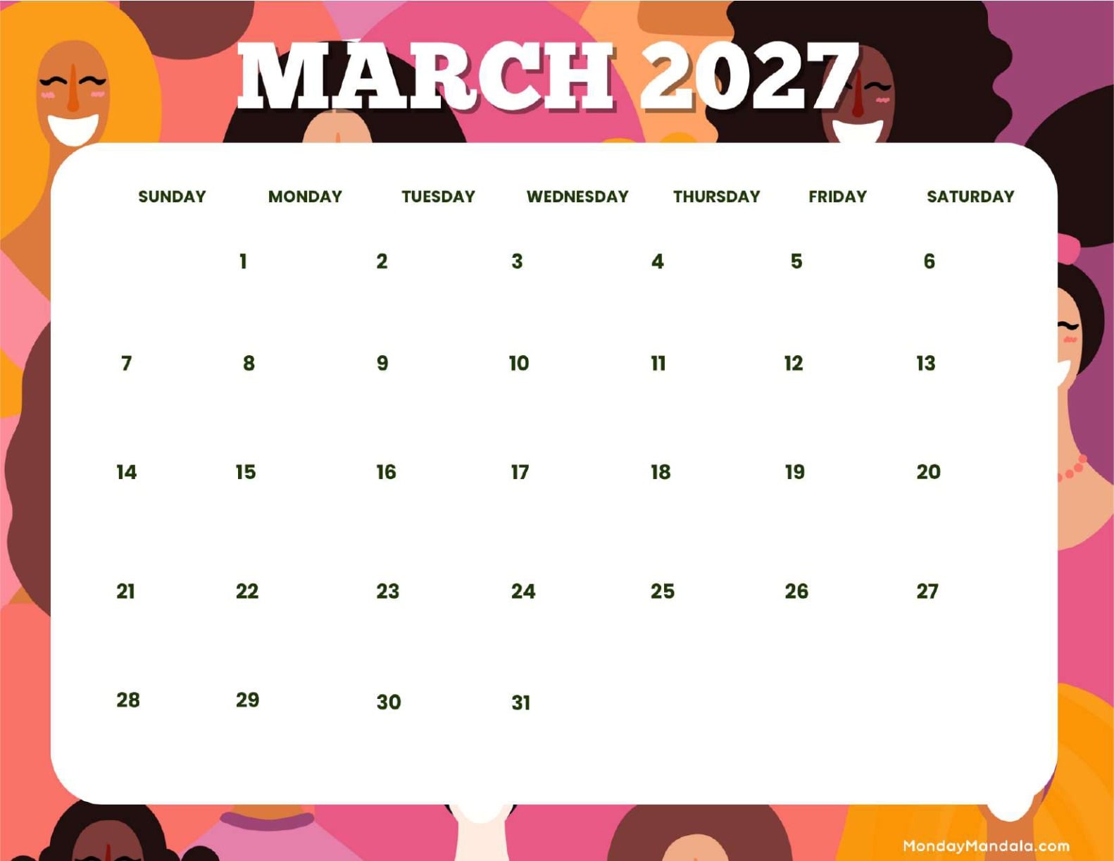 March 2027 Calendar Printable Retro Landscape