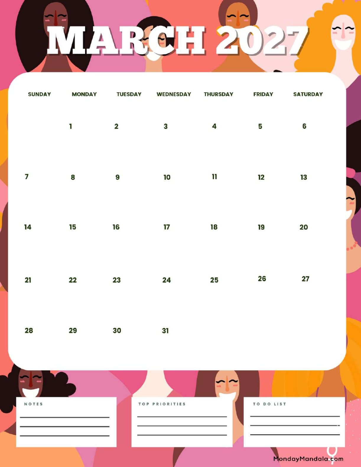 March 2027 Calendar Printable Retro Portrait