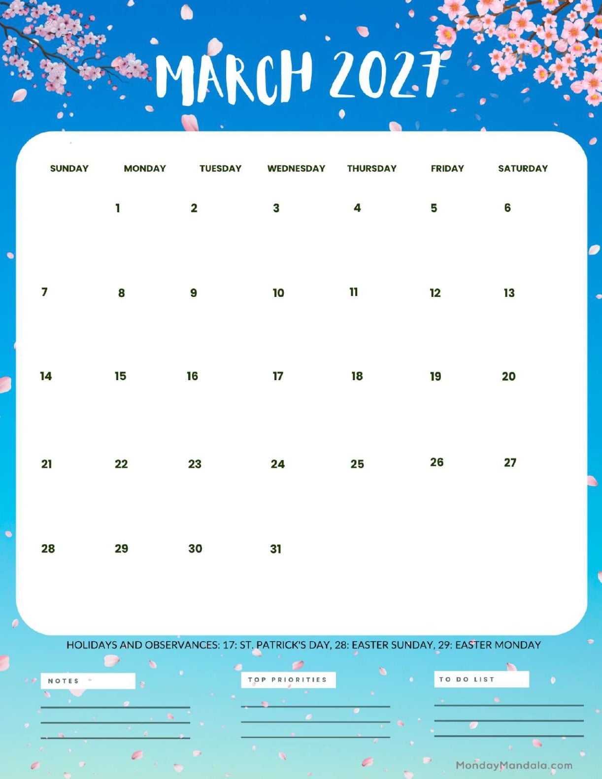 March 2027 Calendar Printable Sakura Portrait