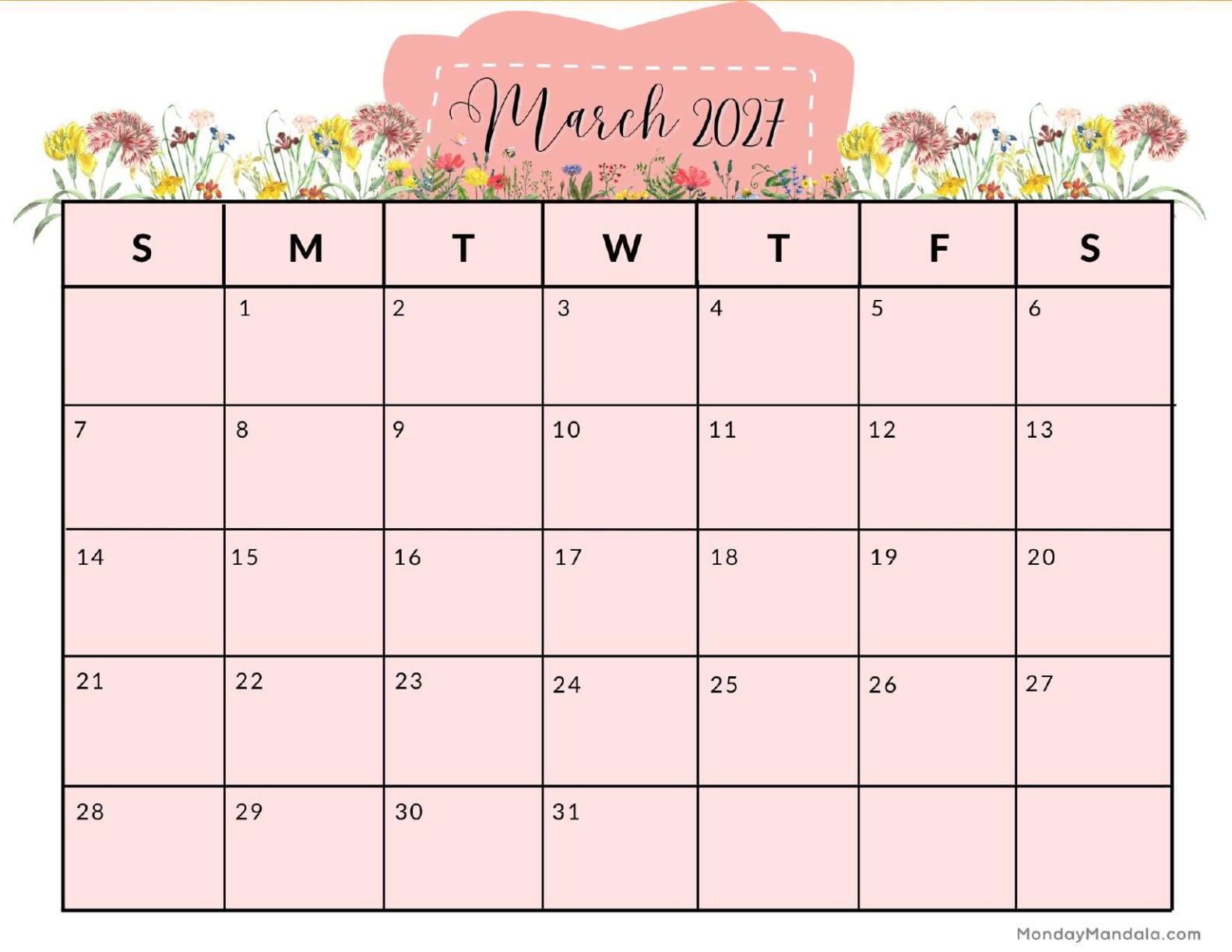 March 2027 Calendar Printable Spring Landscape