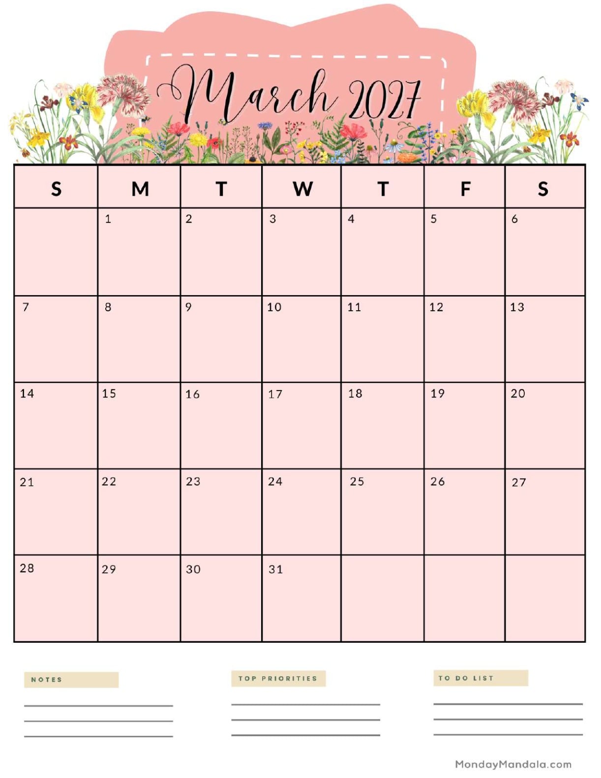 March 2027 Calendar Printable Spring Portrait