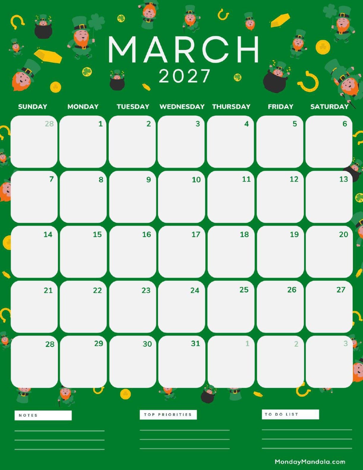 March 2027 Calendar Printable St Patricks Day 2 Portrait