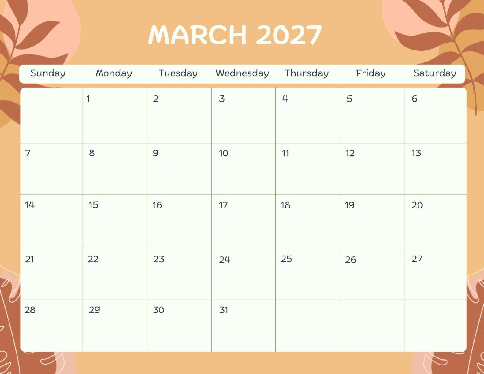 March 2027 Calendar Printable Terracotta Landscape