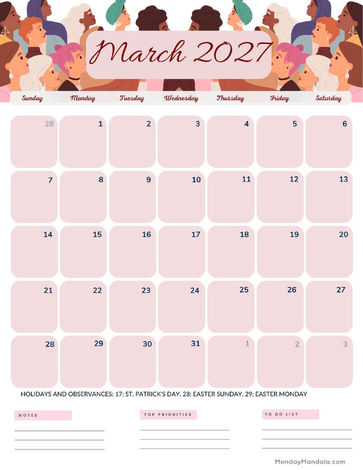 March 2027 Calendar Printable Women Portrait