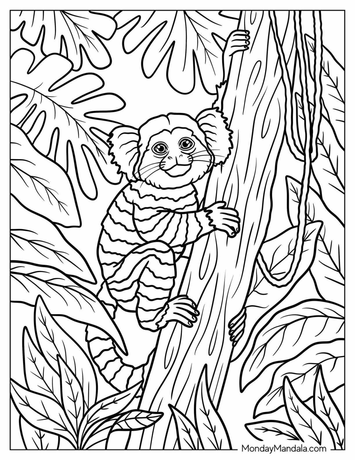 Marmoset Monkey Coloring Page Climbing a Tree in the Jungle