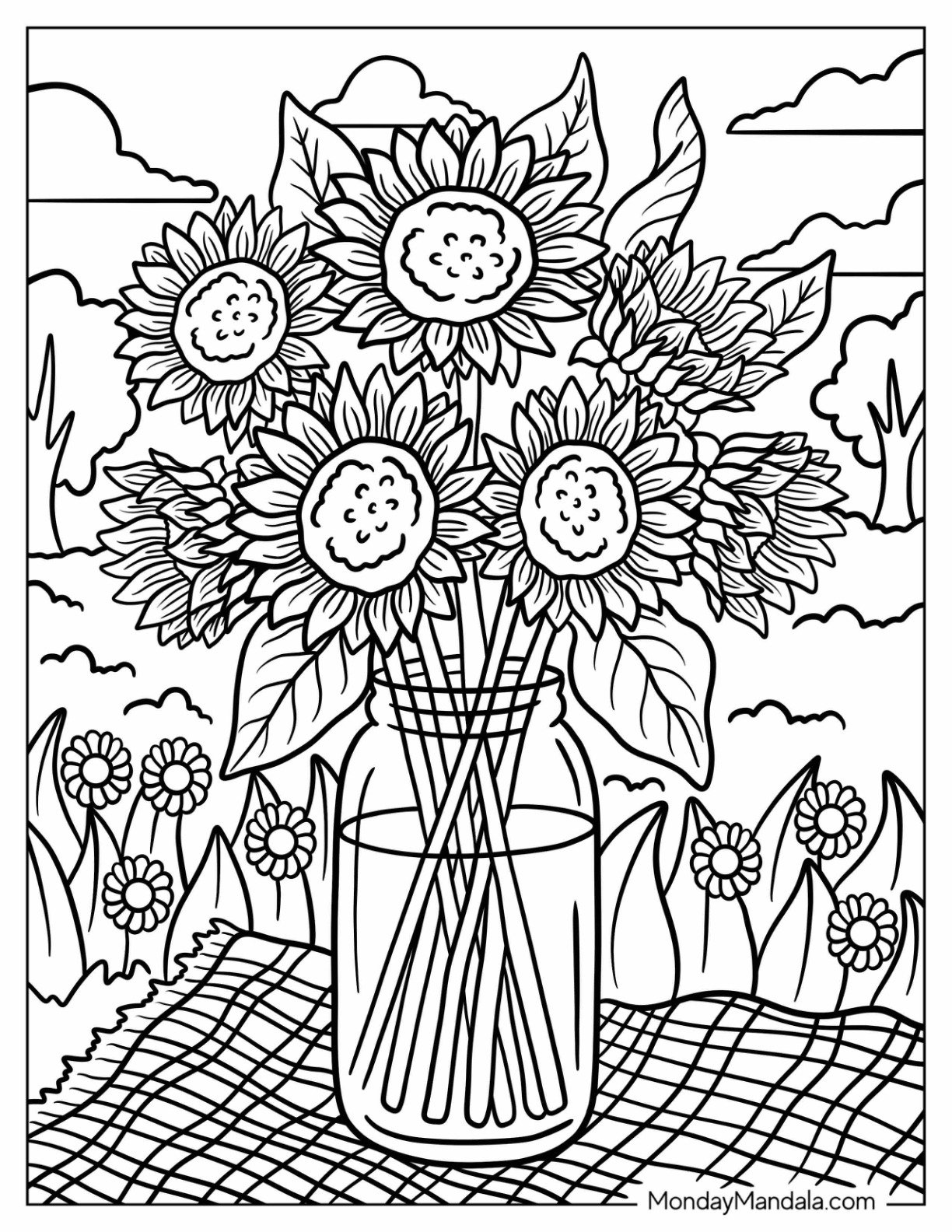 Mason Jar of Sunflower Coloring Page on a Picnic Blanket