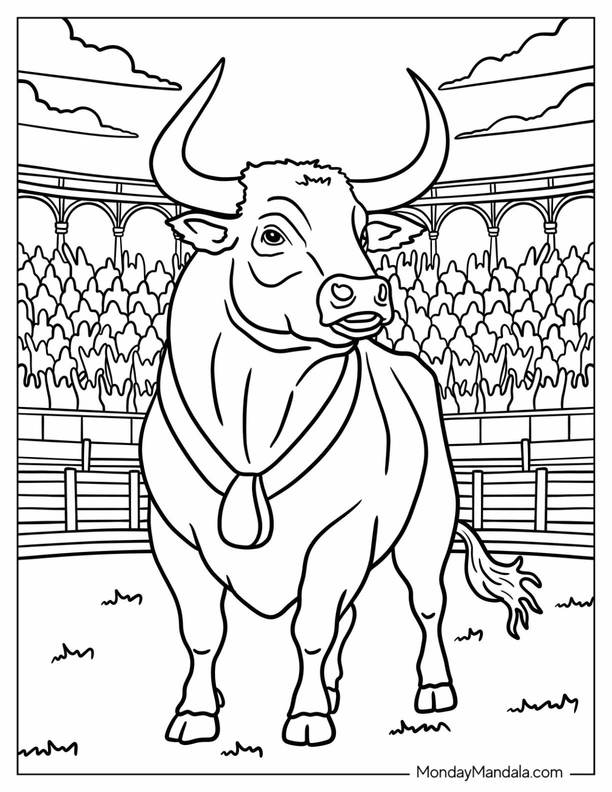 Massive Bull Coloring Page in a Rodeo Stadium Full of People