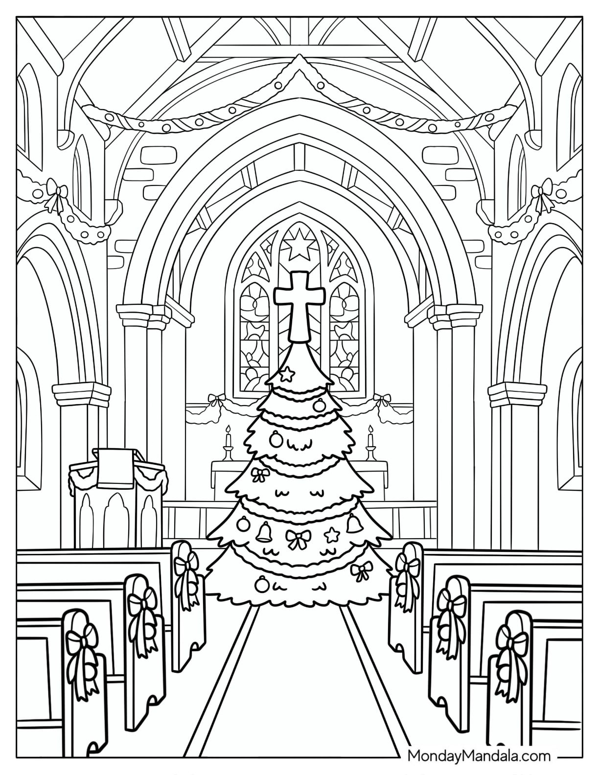 Christian Christmas Coloring Page of Massive Tree in a Church
