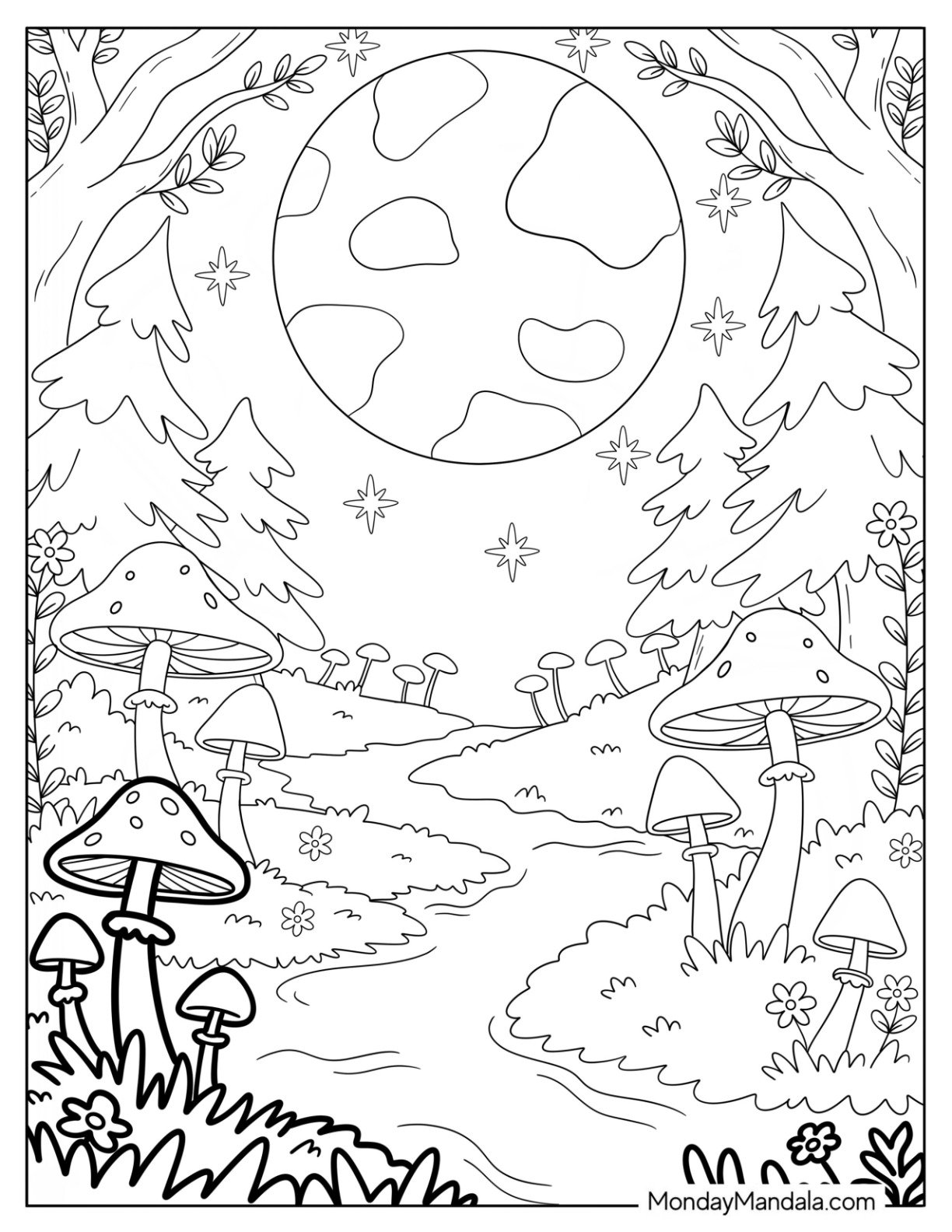 Massive Cratered Moon Coloring Page Hovering above a Mushroom Forest