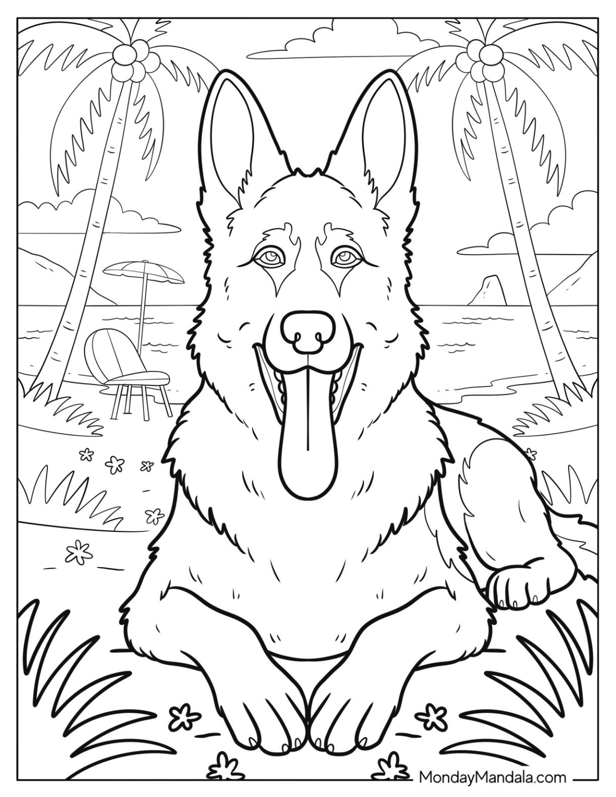 Massive German Shepherd Coloring Page Lounging at the Beach with Coconut Trees