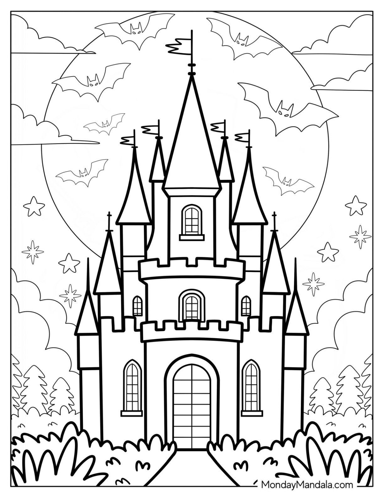 Massive Moon Coloring Page behind a Castle with Bats in the Sky