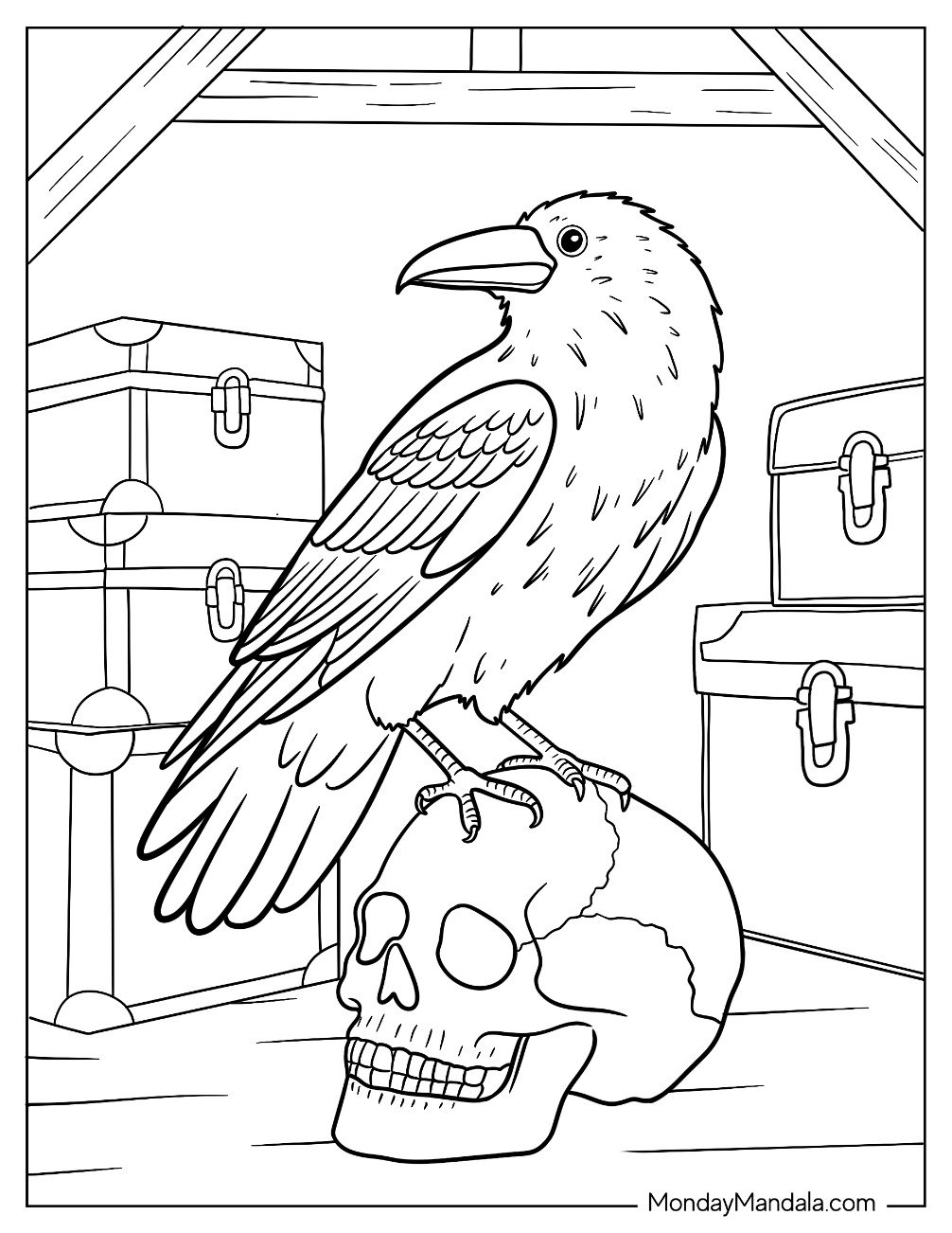 Massive Raven Coloring Page Sitting on Top of a Skull