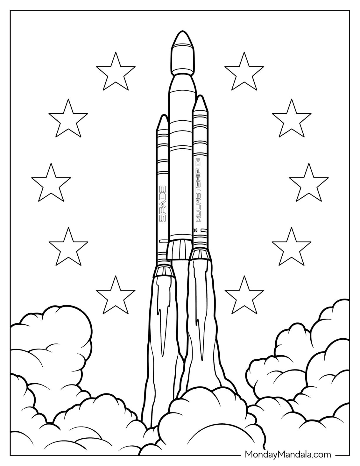 Massive Rocket Coloring Page Launching into Space with Smoke and Stars