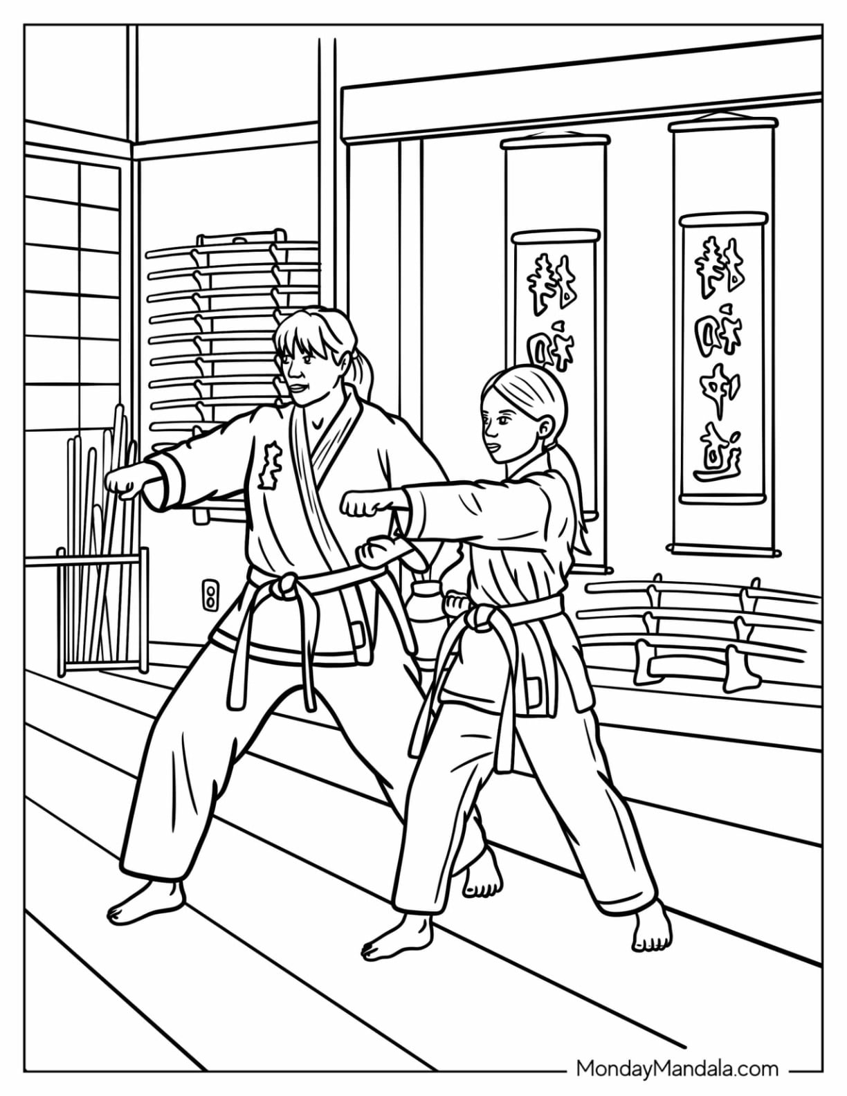 Master and Student Doing Karate Coloring Page