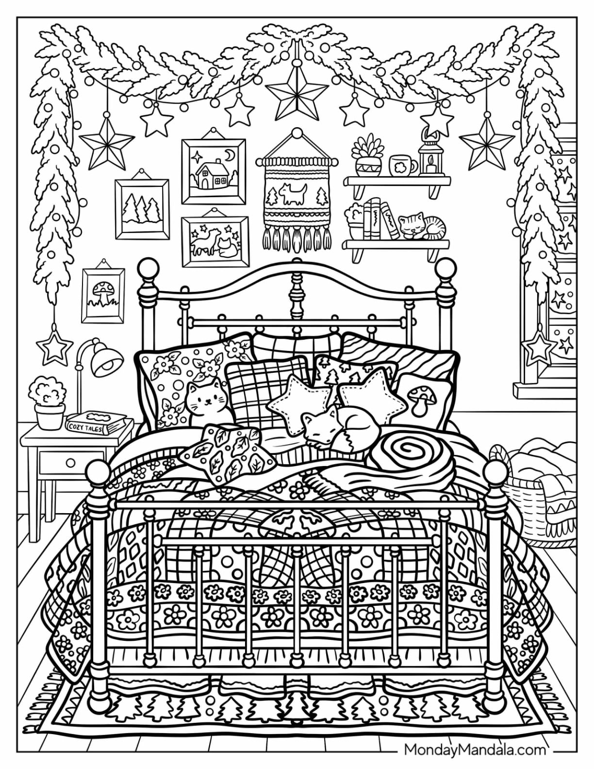 Maximalist Christmas Bedroom with Stuffed Toys Coloring Page for Adults