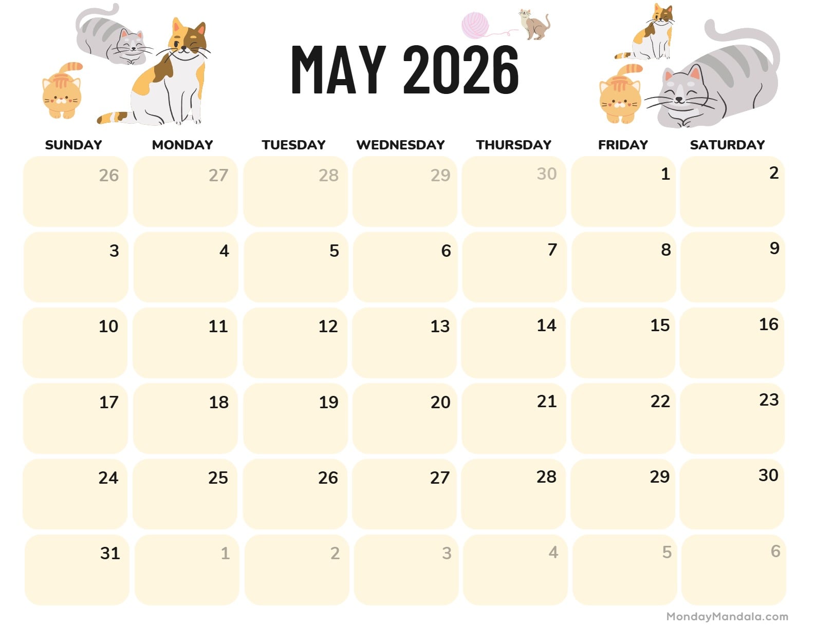 May 2026 Calendar Printable Cats Landscape