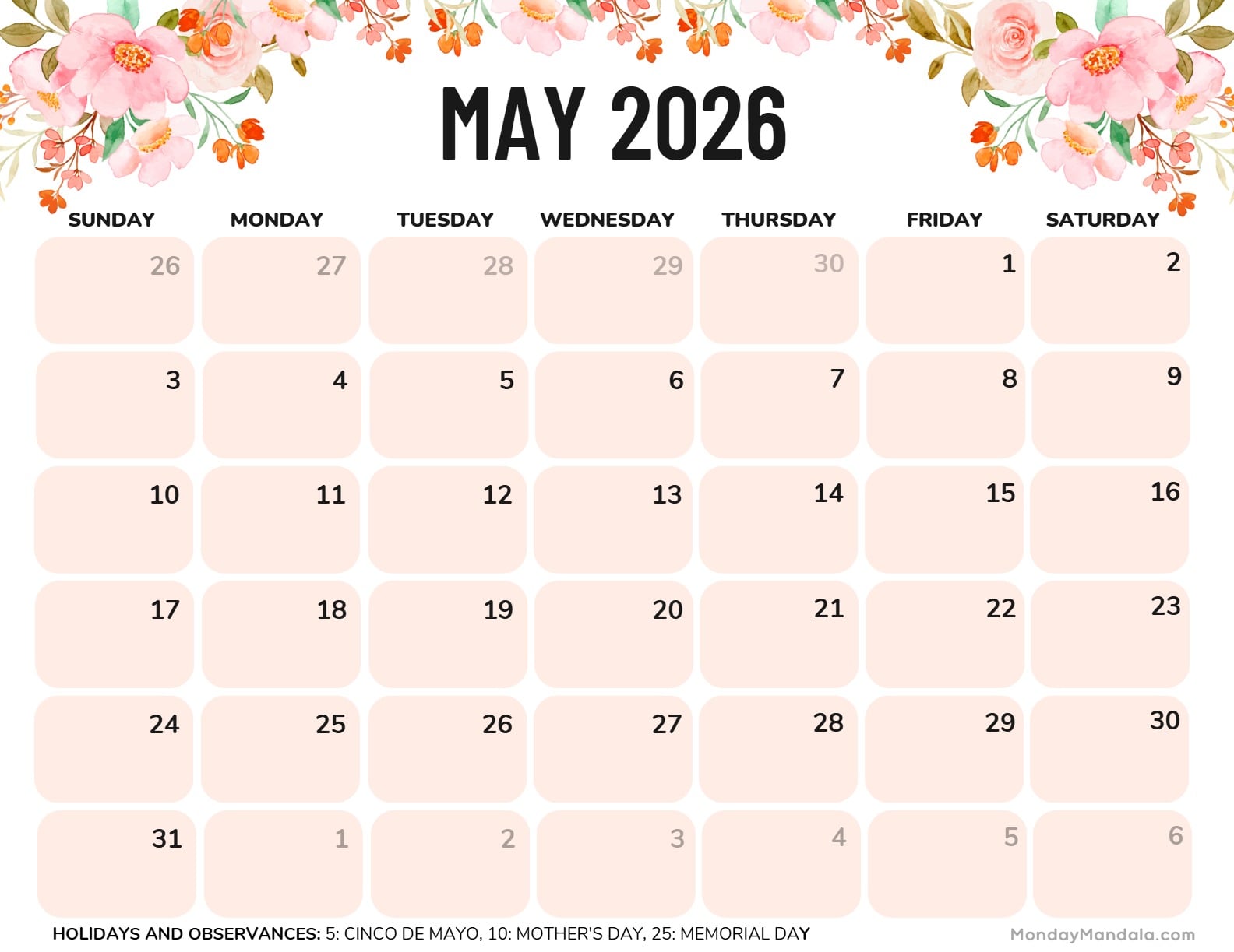 May 2026 Calendar Printable Flowers Landscape v2