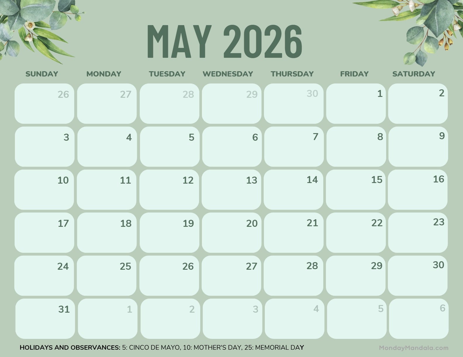 May 2026 Calendar Printable Green Landsapev2