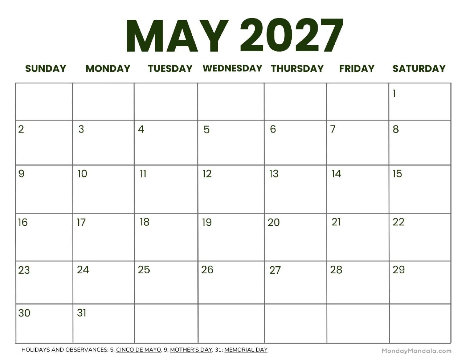 May 2027 Calendar Printable Business 2 Landscape v2