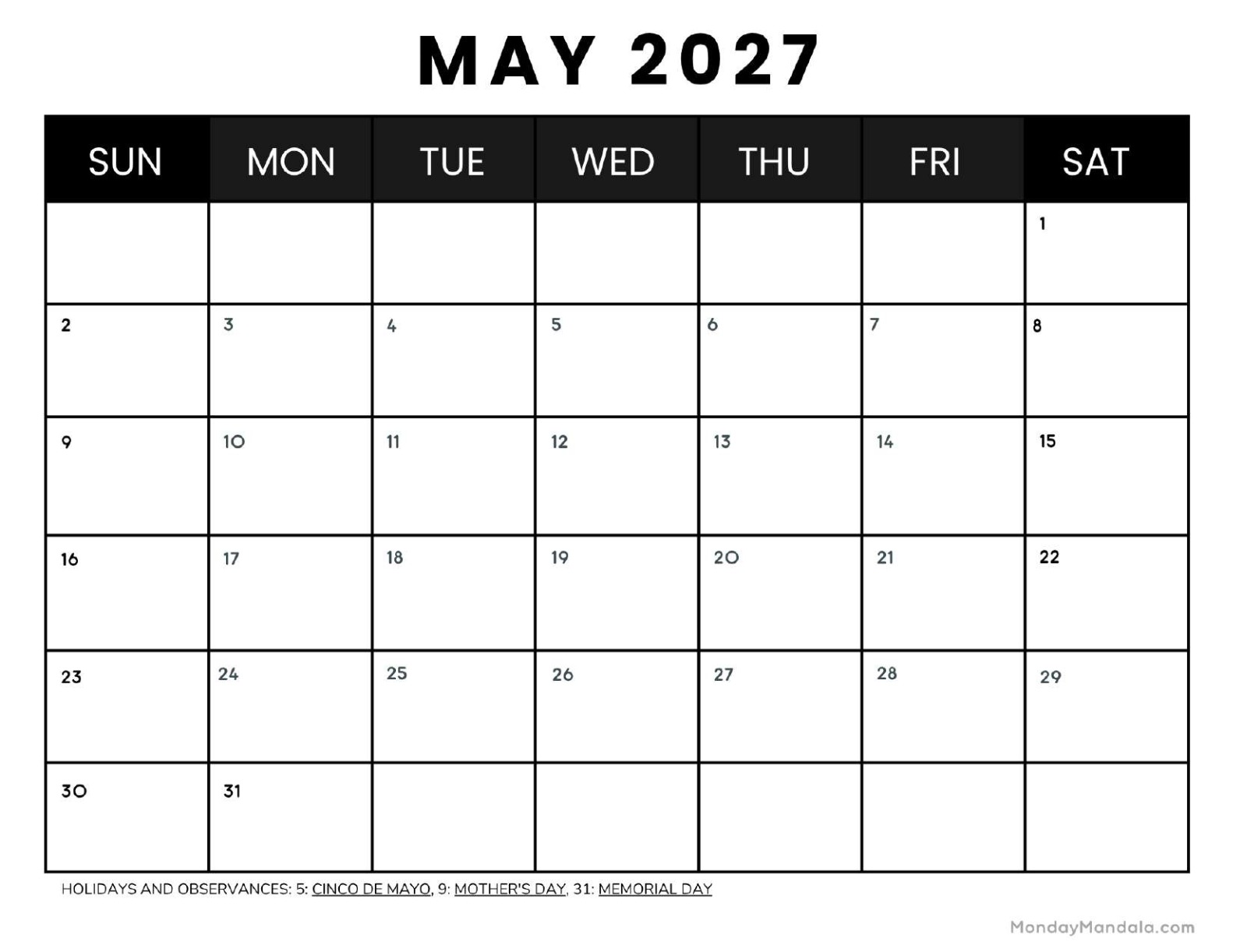 May 2027 Calendar Printable Business 4 Landscape v2