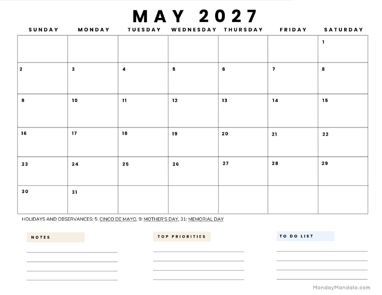 May 2027 Calendar Printable Business 5 Landscape v2