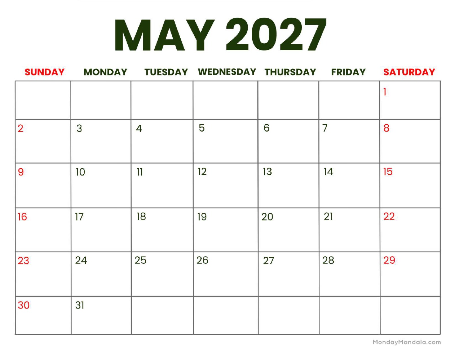 May 2027 Calendar Printable Business Landscape v2