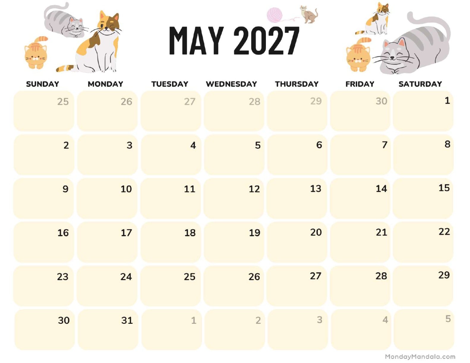 May 2027 Calendar Printable Cats Landscape v2