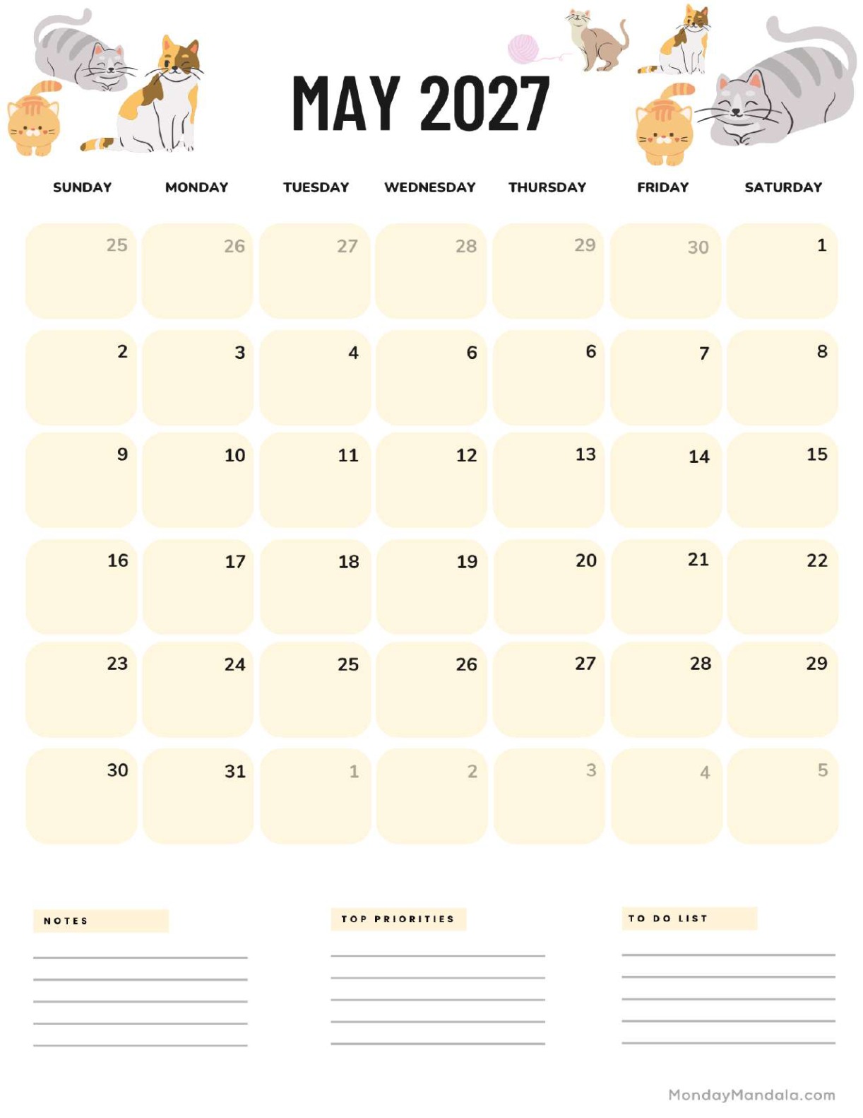 May 2027 Calendar Printable Cats Portrait v2