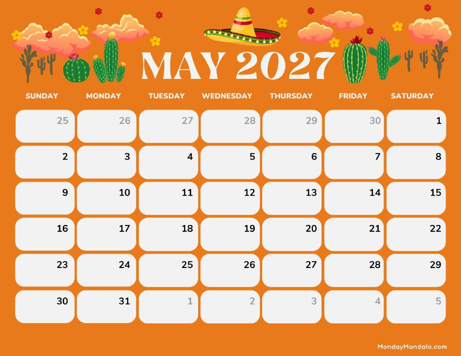 May 2027 Calendar Printable Cinco de Mayo 2 Landscape v2