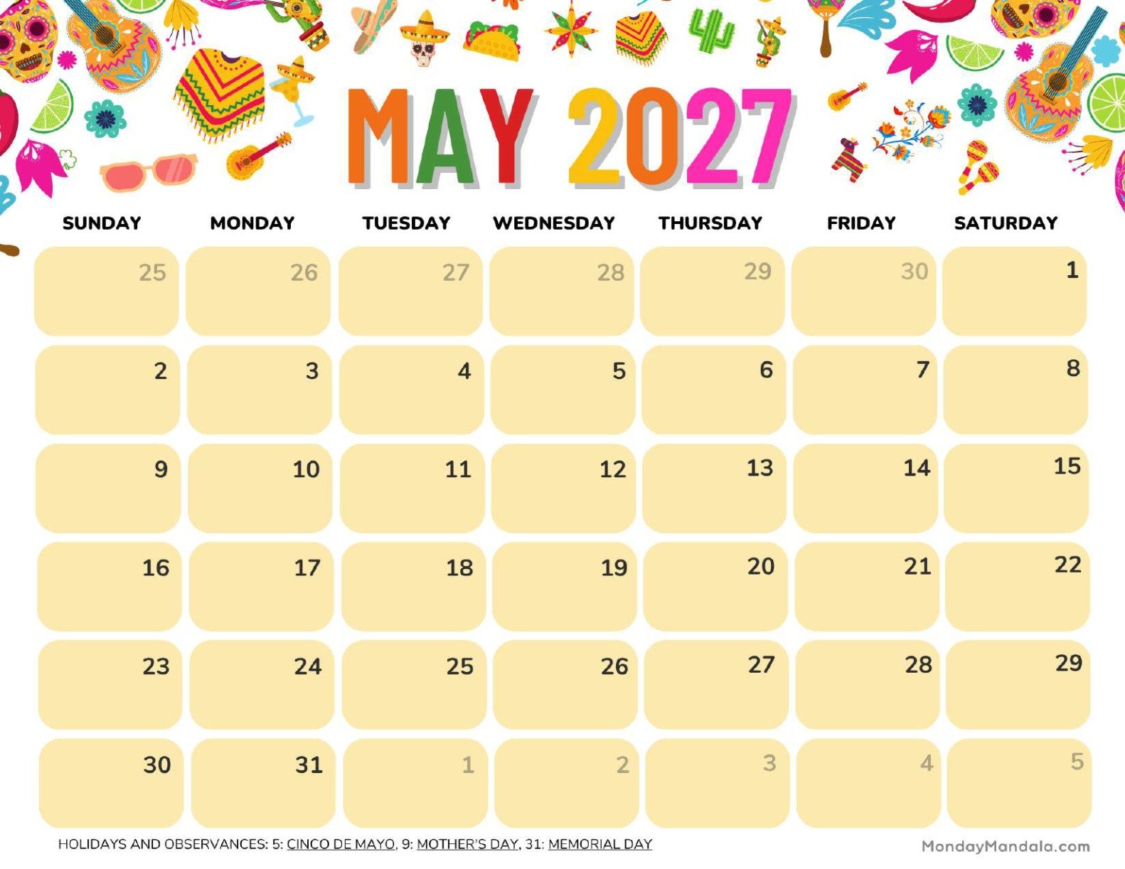 May 2027 Calendar Printable Cinco de Mayo 3 Landscape v2