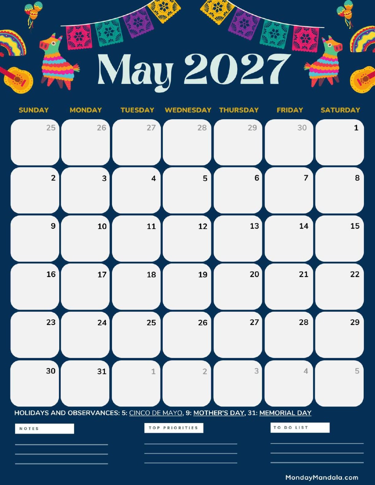 May 2027 Calendar Printable Cinco de Mayo 3 Portrait v2
