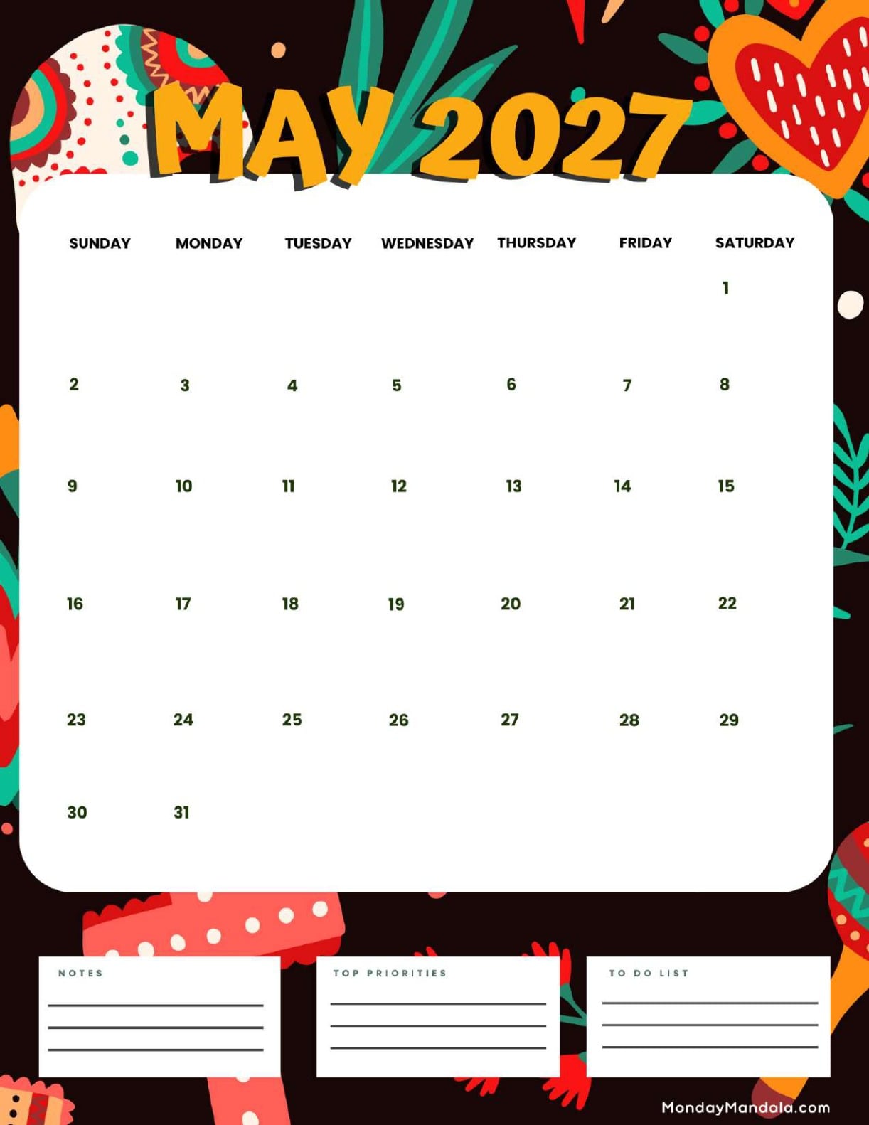 May 2027 Calendar Printable Cinco de Mayo 4 Portrait v2