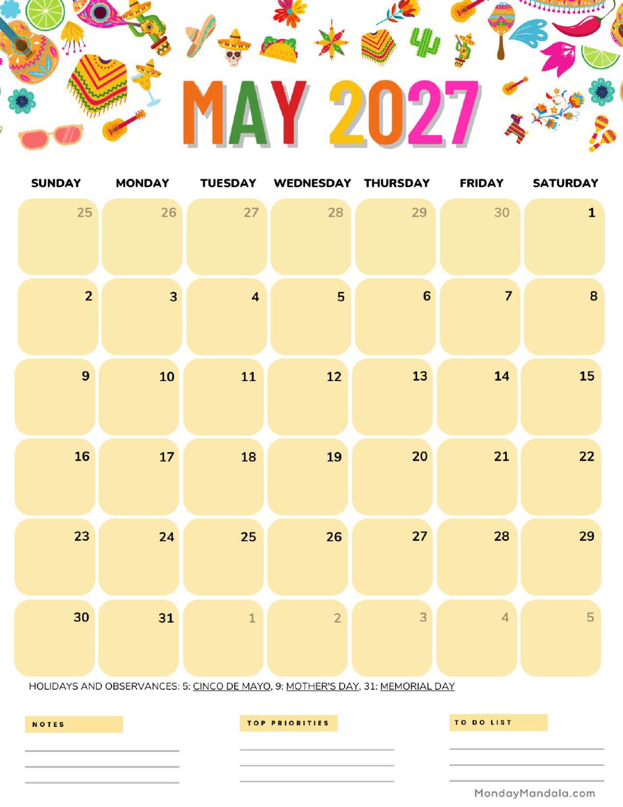 May 2027 Calendar Printable Cinco de Mayo Portrait v2