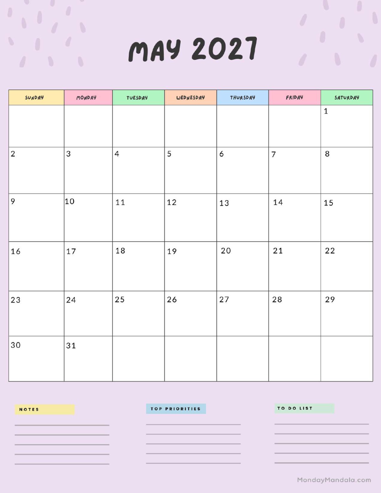 May 2027 Calendar Printable Colorful Portrait v2