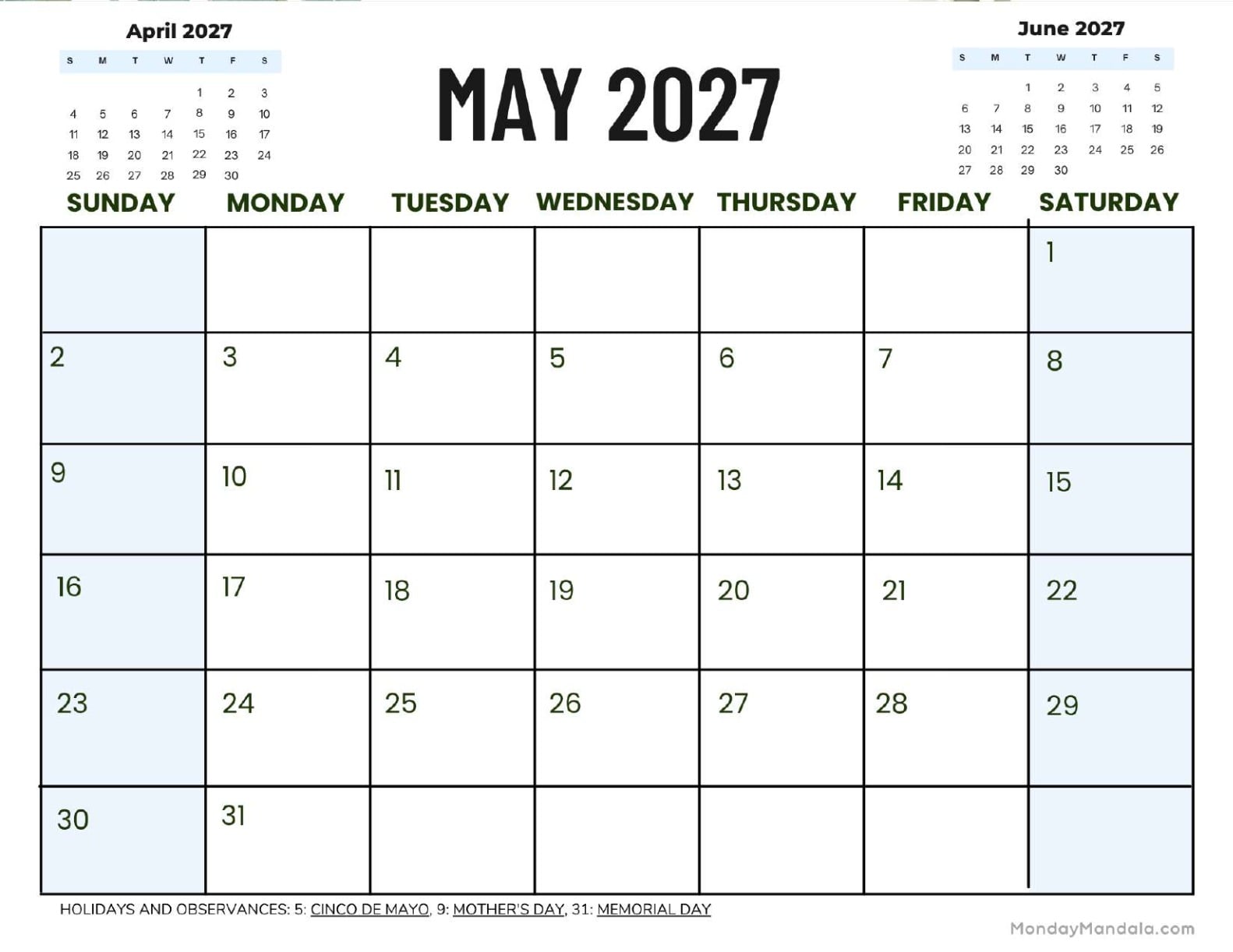 May 2027 Calendar Printable Corporate 2 Landscape v2