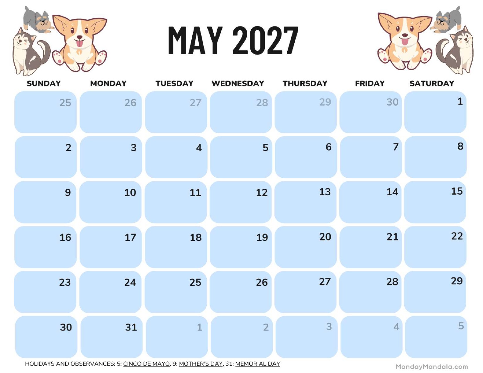 May 2027 Calendar Printable Dogs Landscape v2