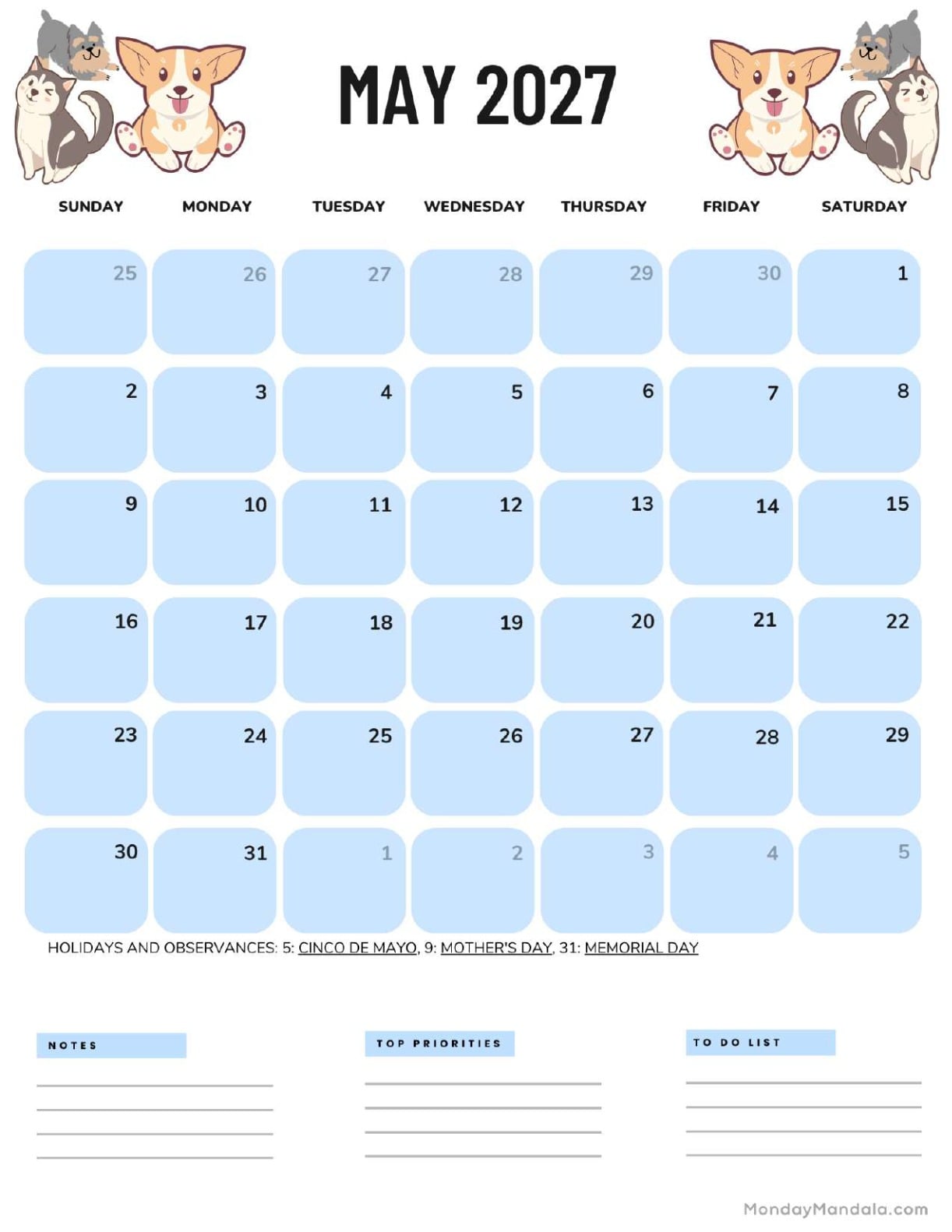 May 2027 Calendar Printable Dogs Portrait v2