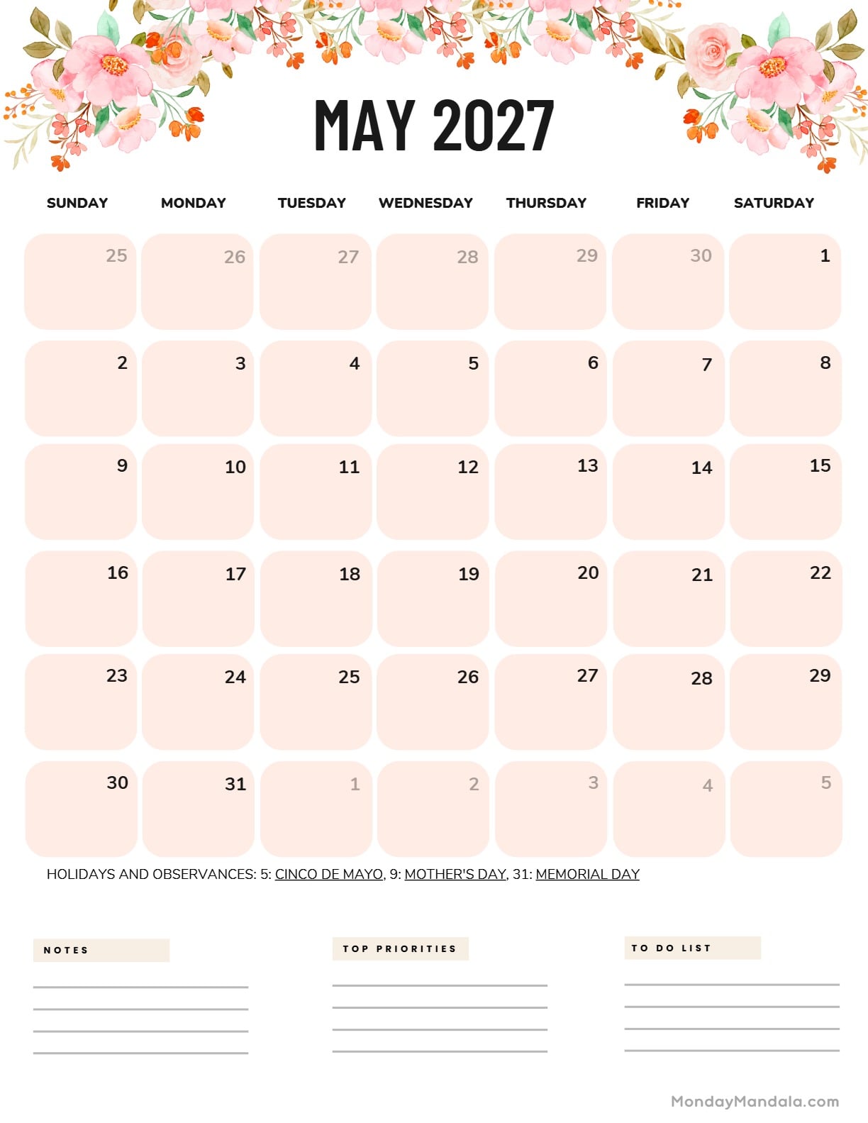 May 2027 Calendar Printable Flowers Portrait v2