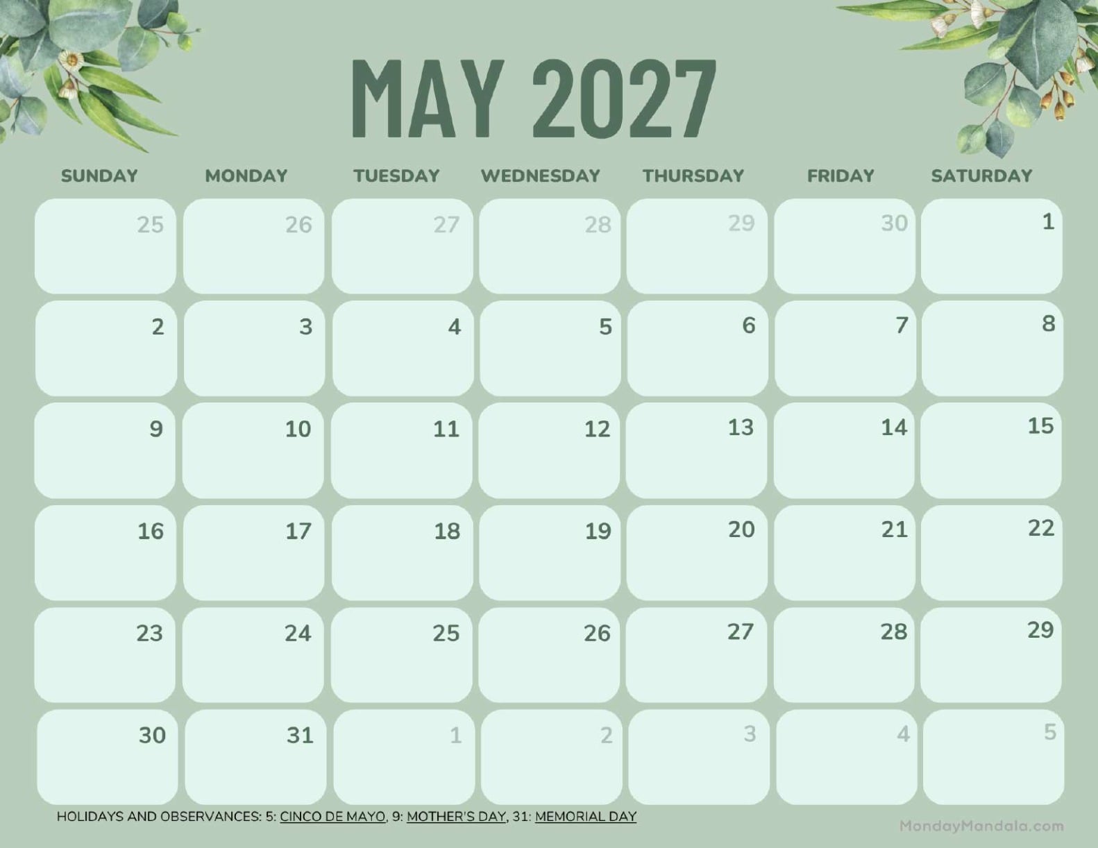 May 2027 Calendar Printable Green Landscape v2