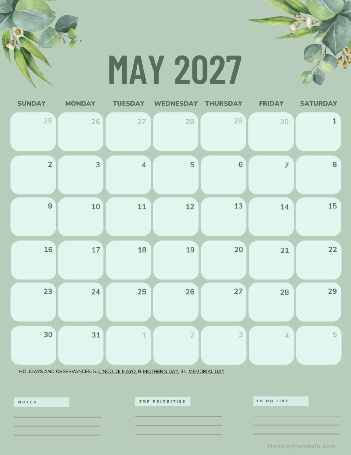 May 2027 Calendar Printable Green Portrait v2