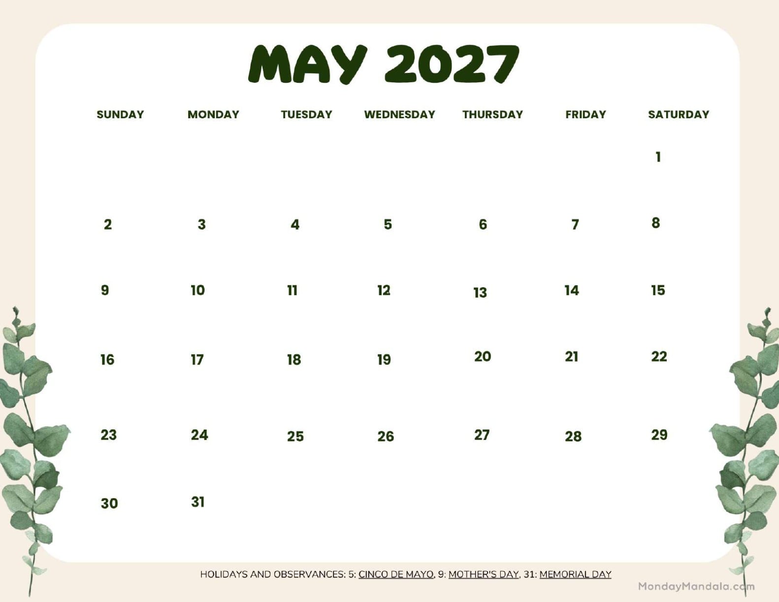 May 2027 Calendar Printable Leaves Landscape v2