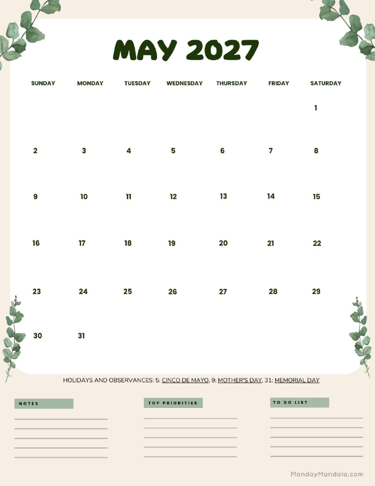 May 2027 Calendar Printable Leaves Portrait v2