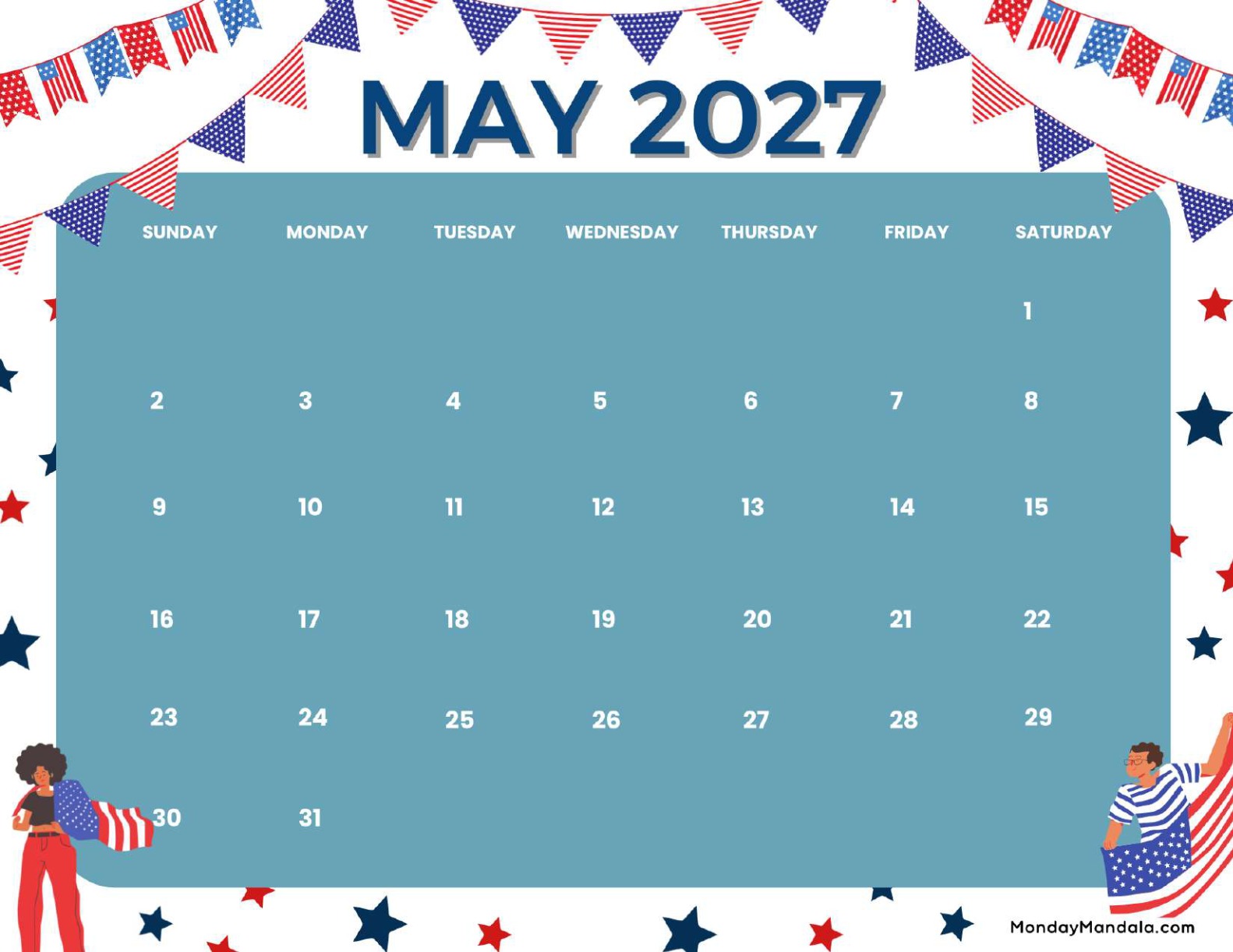 May 2027 Calendar Printable Memorial Day 2 Landscape v2